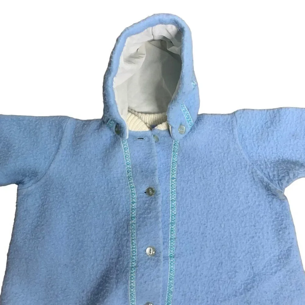 Vintage Ladybird Infant Bunting 0-12m Blue Fleece Stroller Sac Buttons Hooded